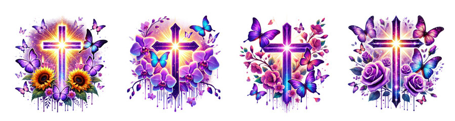 Elegant floral cross with butterflies and vibrant flowers, isolated on transparent background