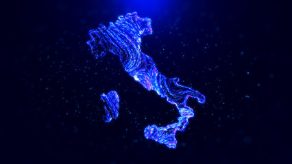 Abstract Italy map design, featuring glowing blue hairlines, dynamic flowing patterns, and scattered bokeh dot particles, creating a tech-inspired and modern digital aesthetic © agratitudesign