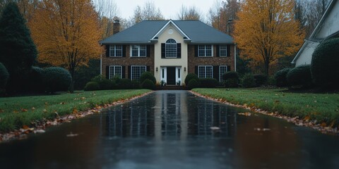 Obraz premium Autumnal House Driveway with Wet Pavement and Fallen Leaves