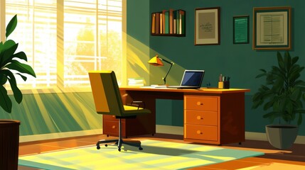 Entrepreneur home office, showing a desk with a laptop and a comfortable chair, bright vector art