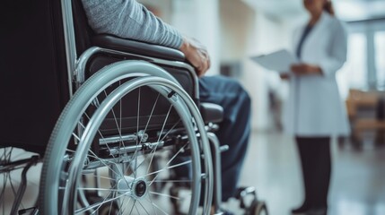 Obraz premium A professional healthcare setting featuring a patient in a wheelchair with a compassionate and attentive doctor standing behind them. 