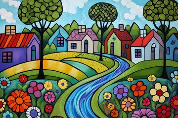 Fototapeta premium A Colorful, Stylized Village Scene with a Winding River and Vibrant Flowers