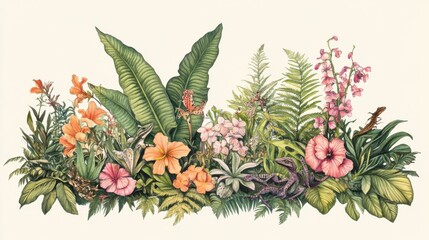 Exotic plants illustration, featuring tropical flowers and ferns, surrounded by small wildlife like lizards