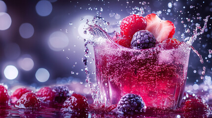 Berry Blast: A symphony of red, a splash of purple, and a burst of freshness in a vibrant image of a cocktail with fresh berries, captured in a moment of effervescent delight.  