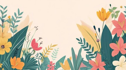 Exotic plants vector, showing colorful tropical flowers and leaves, surrounded by small wildlife