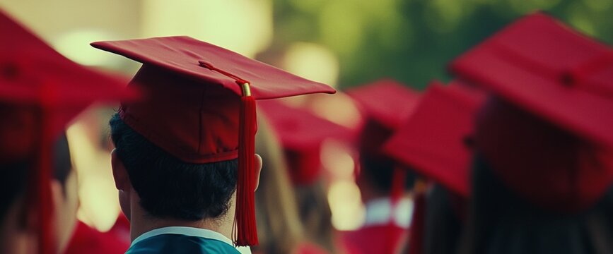 A large group of graduates in red caps and gowns gathers outdoors during a sunny spring graduation ceremony, celebrating their academic achievements with pride