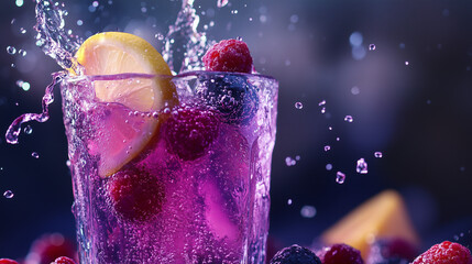 Refreshing Berry Splash: A vibrant close-up of a purple berry cocktail with lemon, raspberries, and blueberries, captured mid-splash for a dynamic and enticing image.
