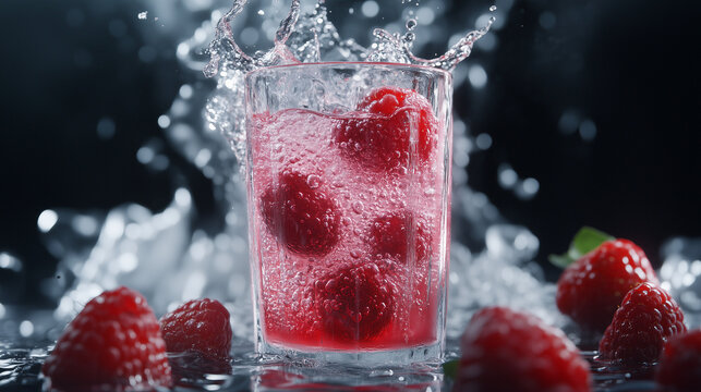 Raspberry Splash: A refreshing glass of raspberry soda bursts with vibrant energy, creating a captivating splash of liquid delight.