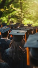 Graduates gather in an outdoor location, wearing caps and gowns, as they celebrate the culmination of their academic journeys under a warm, sunny ambiance