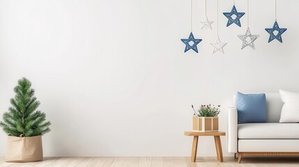 Blue and white Hanukkah decorations hanging from the ceiling in a modern living room, Hanukkah decor, Modern holiday home