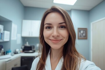 Fototapeta premium a selfie of a woman dermatologist, background her office. 