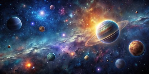 Dark galaxy background with stars and planets, universe, astronomical object, starry night