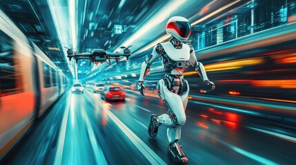 robot running on road , Autonomous cars on the sides, drones over it, AI technology concept. 