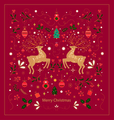 Merry Christmas cover design with Christmas deers, toys and decorative branches. Christmas greeting card. Christmas illustration in Scandinavian style with Christmas tree and Christmas reindeer.