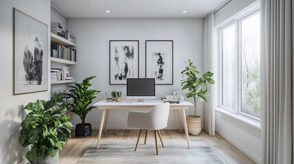 Fototapeta premium Elegant Office Space With Large Window And Plant Decor