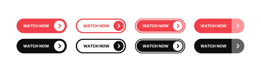 Watch Now buttons: play video button set designed for websites. UI elements for encouraging video viewing. Vector illustration.