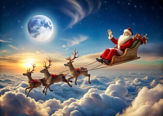 Santa Claus and reindeer sleigh flying