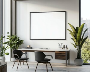 A white framed blank poster, on the wall above a desk in a modern office, 