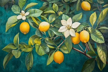 Oil Painting of Lemon Tree Branch with Fruit and Flowers
