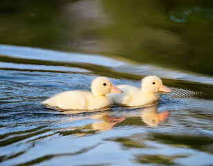 Cute Baby Ducklings Swimming in Serene Lake