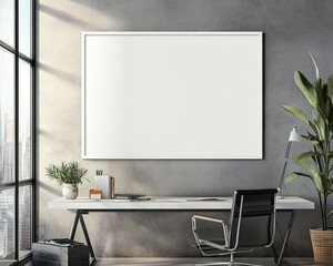 A white framed blank poster, on the wall above a desk in a modern office, 