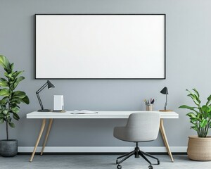 A white framed blank poster, on the wall above a desk in a modern office, 