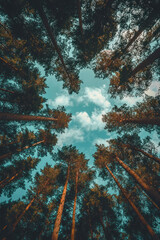 Vertical A low-angle shot of the sky through pine tree tops.