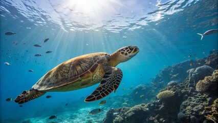Obraz premium Hawksbill Sea Turtle Swimming in the Blue Ocean - Candid Photography for Marine Life Enthusiasts