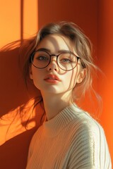 Fototapeta premium Elegant woman in glasses with soft light casting shadows on an orange wall, minimalist style