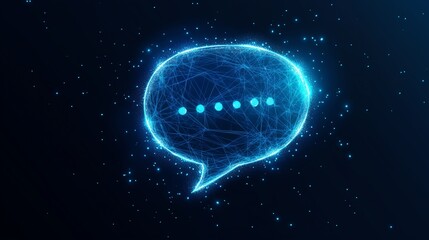 Abstract Chat Logo on Dark Blue Background, Featuring Low Poly Wireframe and Glowing Particles for a Modern, Digitally Connected Design.