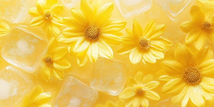 A close up of yellow flowers with ice cubes in the background. The flowers are arranged in a way that they are almost hidden by the ice cubes. Concept of coolness and freshness