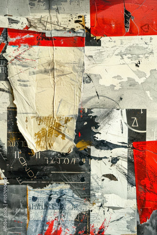 Fototapete vertical abstract art print featuring bold typography and graphic elements on textured newspaper pap