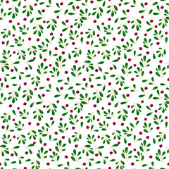 Green Leaves Seamless Pattern with Red Berries. Botanical Natural Texture for Fabric, Wallpaper, Packaging and Eco Design