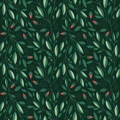 Seamless Leaves, Branches and Buds Pattern on a Green Background. Botanical Natural Textures for Fabric, Wallpaper, Packaging and Eco Design