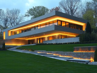 Fototapeta premium Contemporary house showcasing elegant lighting design, highlighting its sleek architecture and landscaped garden at twilight