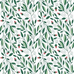Seamless Leaves, Branches and Buds Pattern on a White Background. Botanical Natural Textures for Fabric, Wallpaper, Packaging and Eco Design
