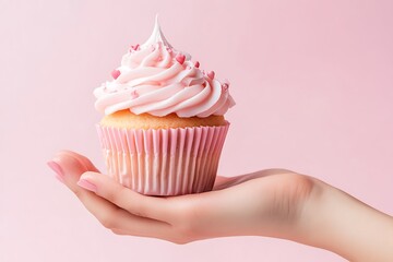Woman hand with pink nail polish holding tasty pink valentine cupcake decorated with heart shaped sprinkles on pink background