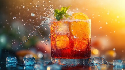 Dynamic scene of ice cubes splashing into a colorful drink, capturing the moment of refreshment and excitement in a summer setting.
