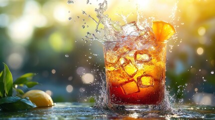 Dynamic scene of ice cubes splashing into a colorful drink, capturing the moment of refreshment and excitement in a summer setting.