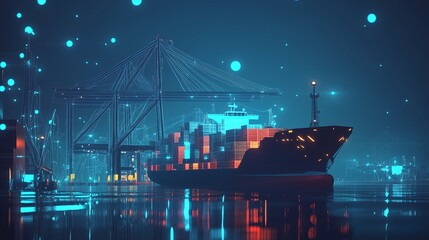 Fototapeta premium Port Storage Facility in Low Poly Wireframe with Glowing Particles on Dark Blue Background, Showcasing Efficient Logistics and Port Management