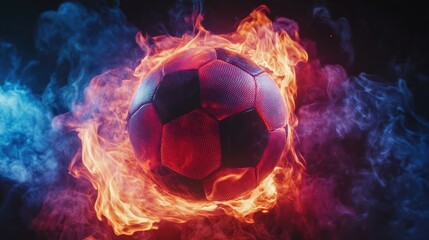 Fototapeta premium Soccer ball in a fiery flame on a black background 