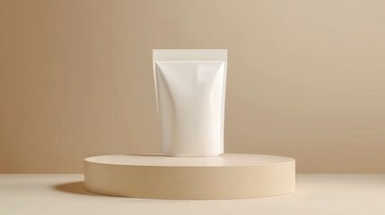 A minimalist white pouch on a circular pedestal against a neutral background.