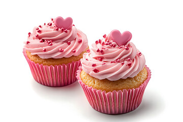 Two delicious pink valentine cupcakes decorated with heart-shaped sprinkles, creating a sweet treat for a romantic occasion