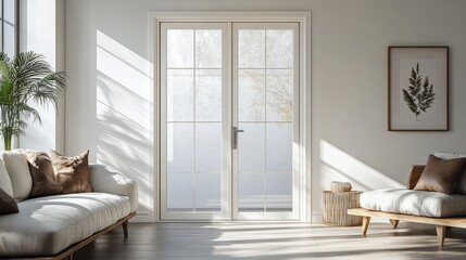 Elegant glass door mockup framed in modern living room, showcasing natural light streaming through and casting soft shadows.