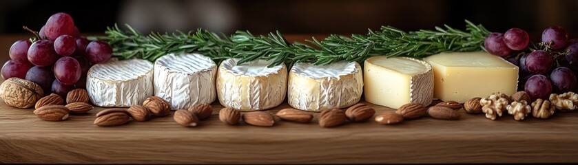 Gourmet cheese platter with grapes, nuts, and fresh herbs