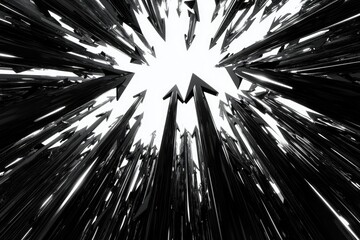 Dynamic abstract arrows radiating from the center, black and white theme.