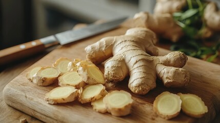 Fototapeta premium Fresh ginger roots scattered on a wooden cutting board, with a knife and slices revealing its vibrant, fibrous texture.