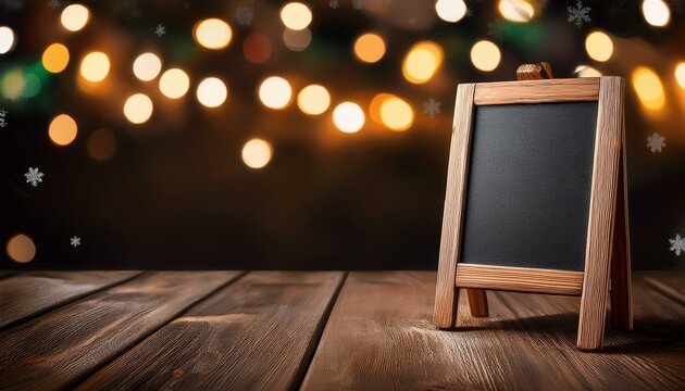 Eine holzgerahmte Kreidetafel steht auf einem Holztisch, verschwommene Lichter im Hintergrund.