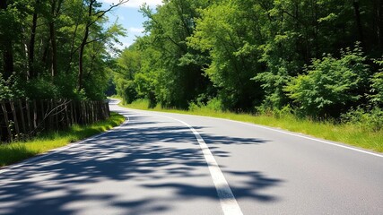 Empty picturesque asphalt road cutting through lush green surroundings on a bright sunny day, road, clear sky, transportation