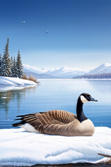 Fototapeta premium Canadian Goose Resting by the Winter Lake